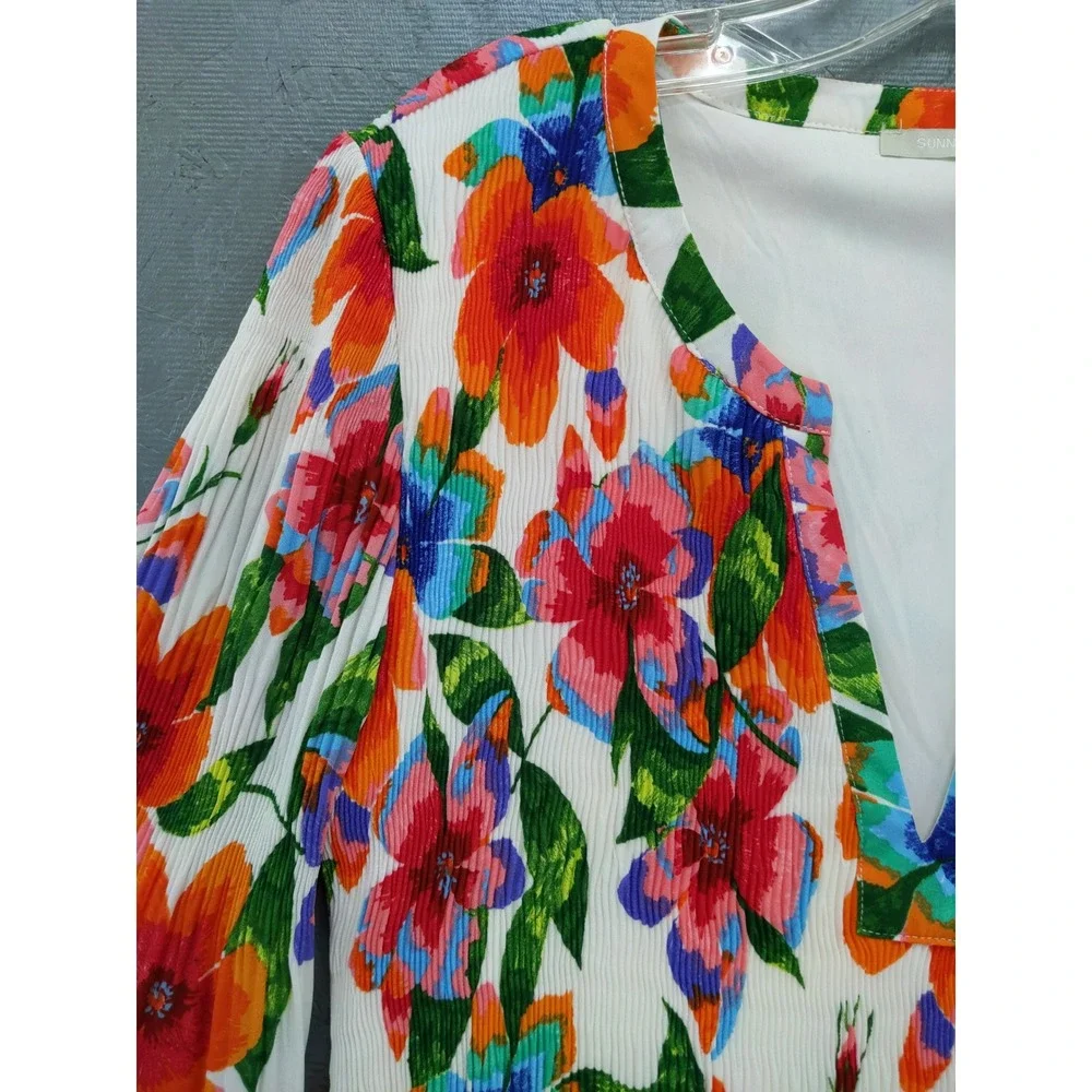 Sunny Leigh Floral‎ Print Pleated Bell Sleeve Dress Multicolor Size M